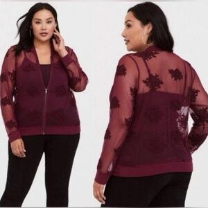 TORRID Floral Mesh Sheer Burgundy Maroon Plum Full Zip Bomber Jacket 3 3X